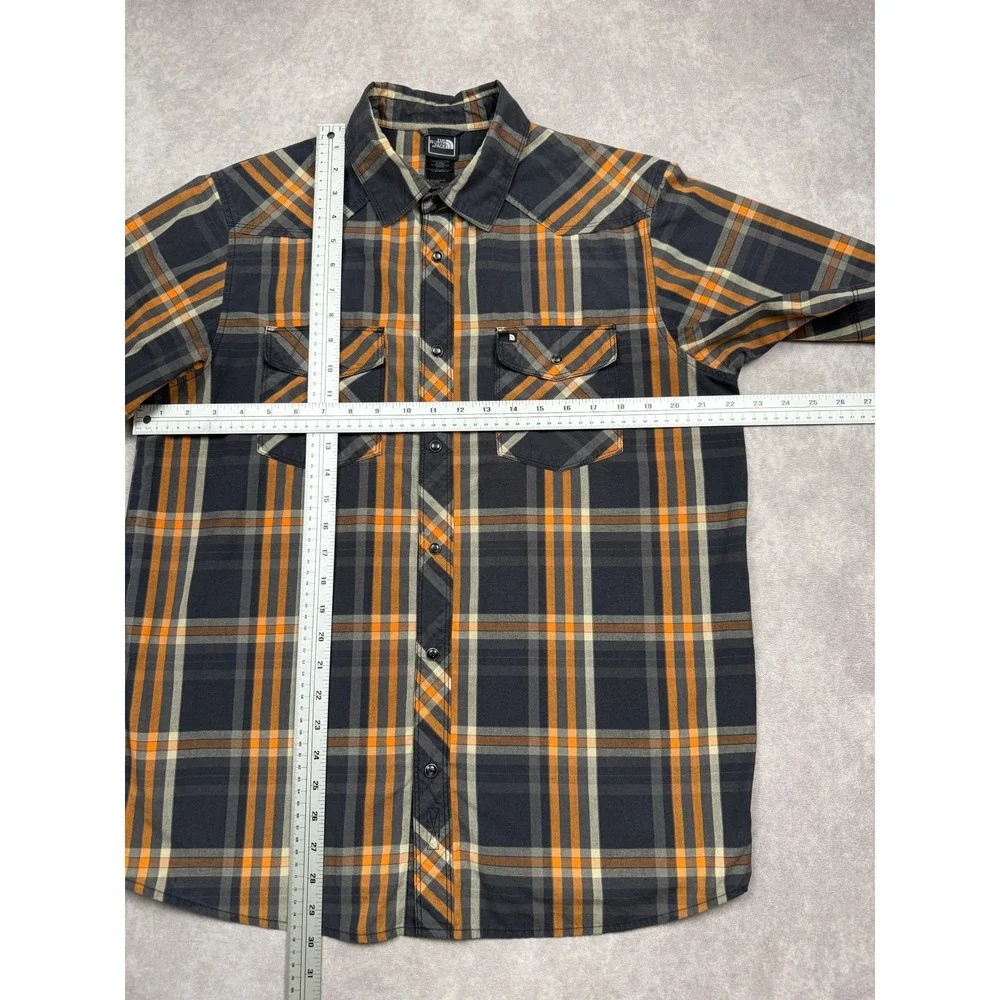The North Face Mens M Plaid Western Snap Short Sleeve Shirt Black Gray Orange